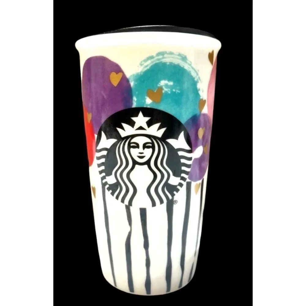 NEW Starbucks 2016 Valentine Gold Hearts Balloons Ceramic Coffee Tumbler Lid Mug